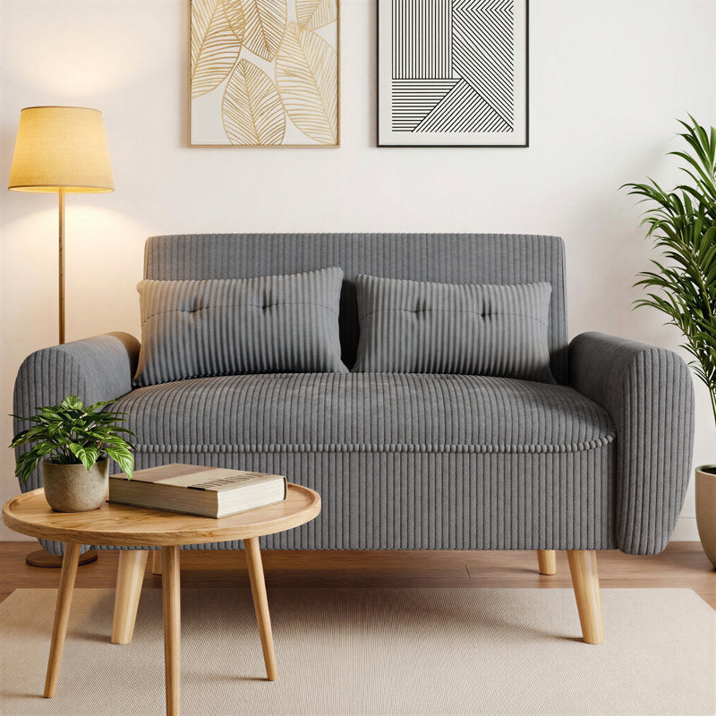 Modern 2 seater grey sofa with teak wood legs