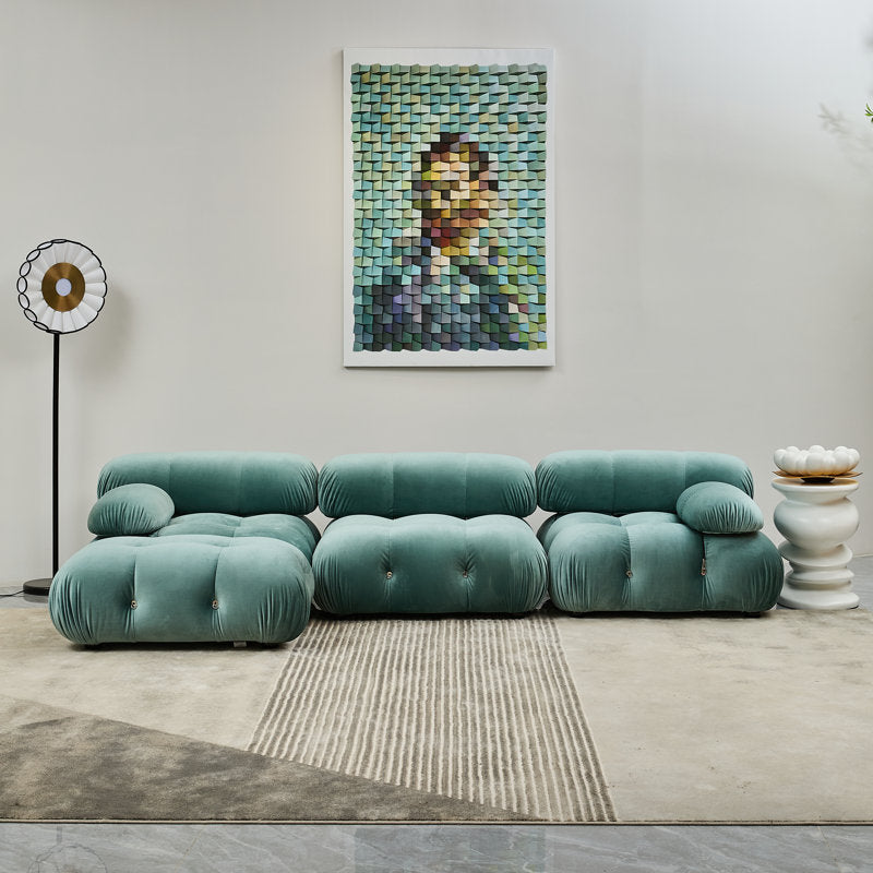 Premium tufted sectional sofa made from solid teak wood with velvet upholstery by Sky Rise Decor.