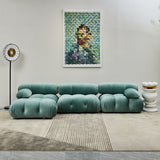 Premium tufted sectional sofa made from solid teak wood with velvet upholstery by Sky Rise Decor.