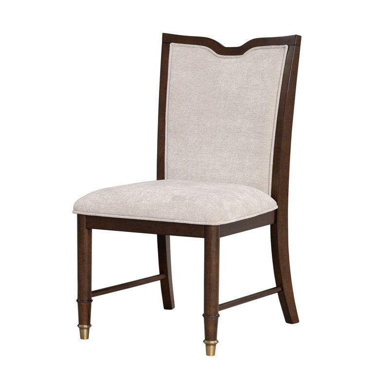 Teak wood dining table with cushioned chairs and dark finish