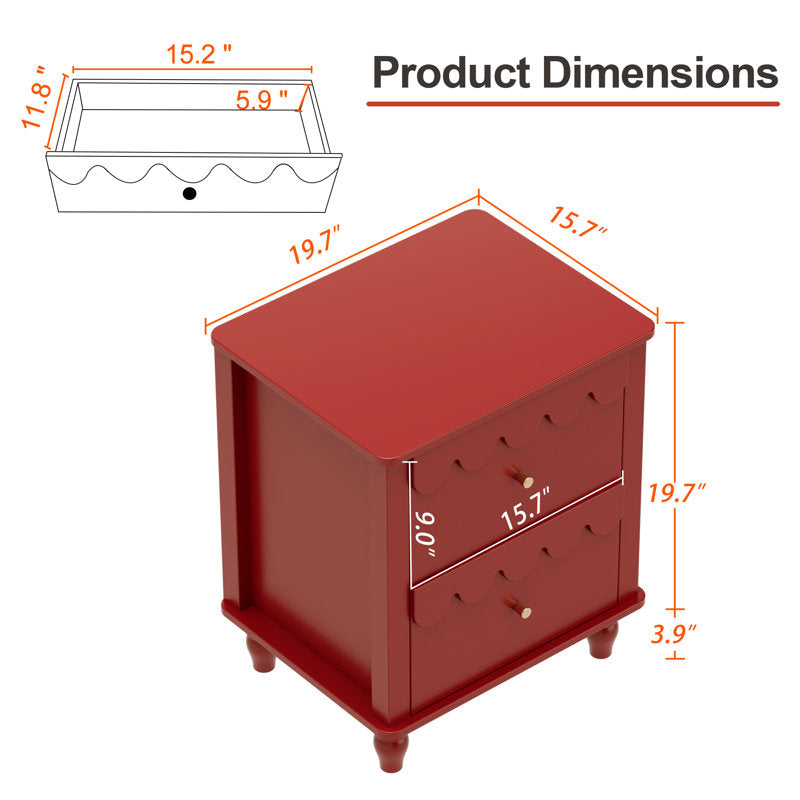 Handcrafted wooden bedside table with scalloped drawer design