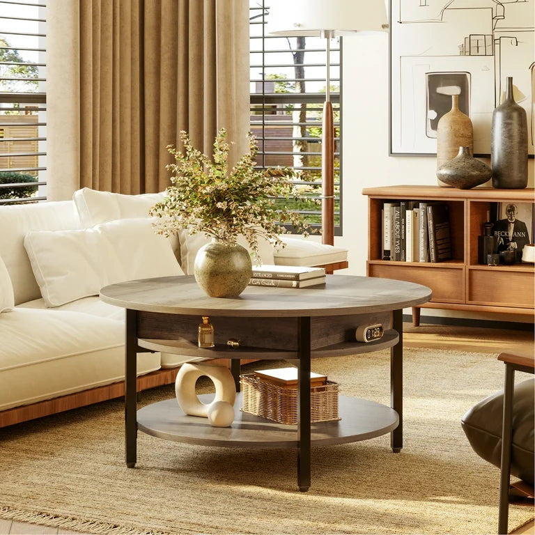 Modern storage coffee table with hidden compartment and shelf