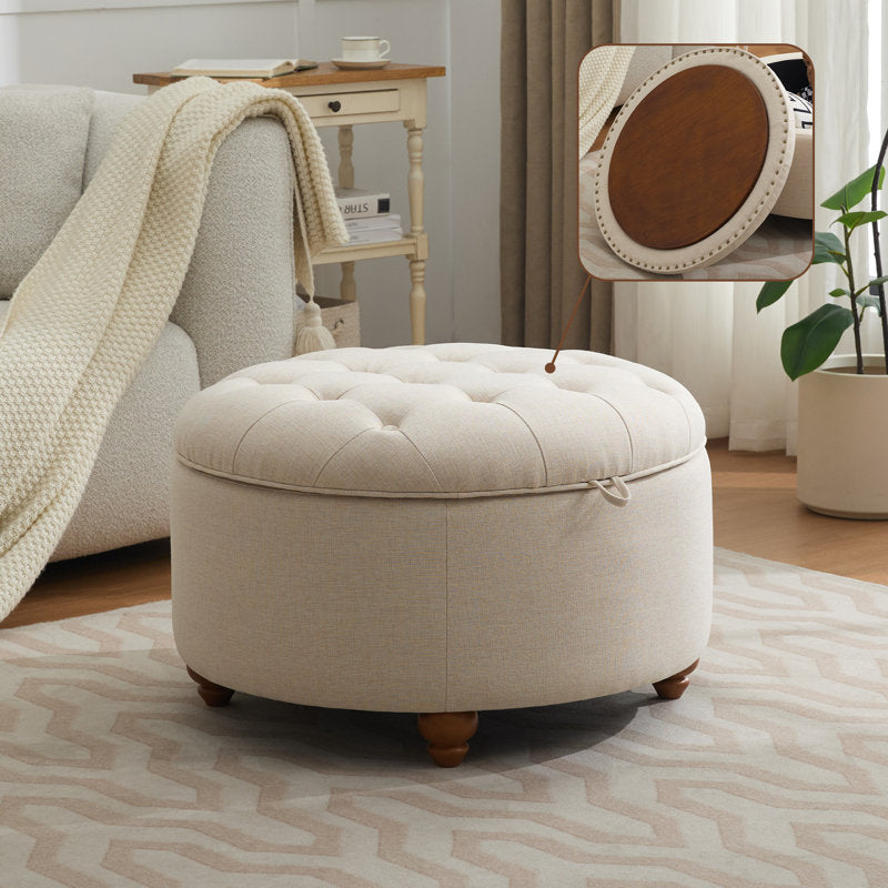 Beige upholstered storage ottoman with solid teak wood top
