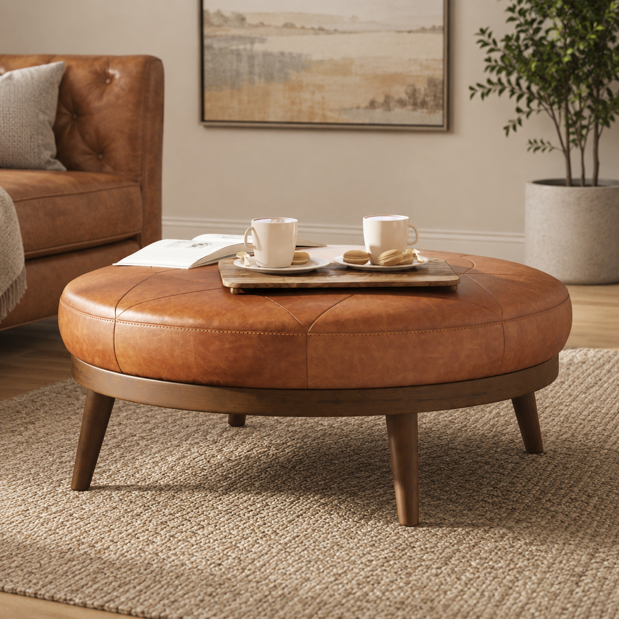 Round teak wood leather ottoman coffee table in modern living room