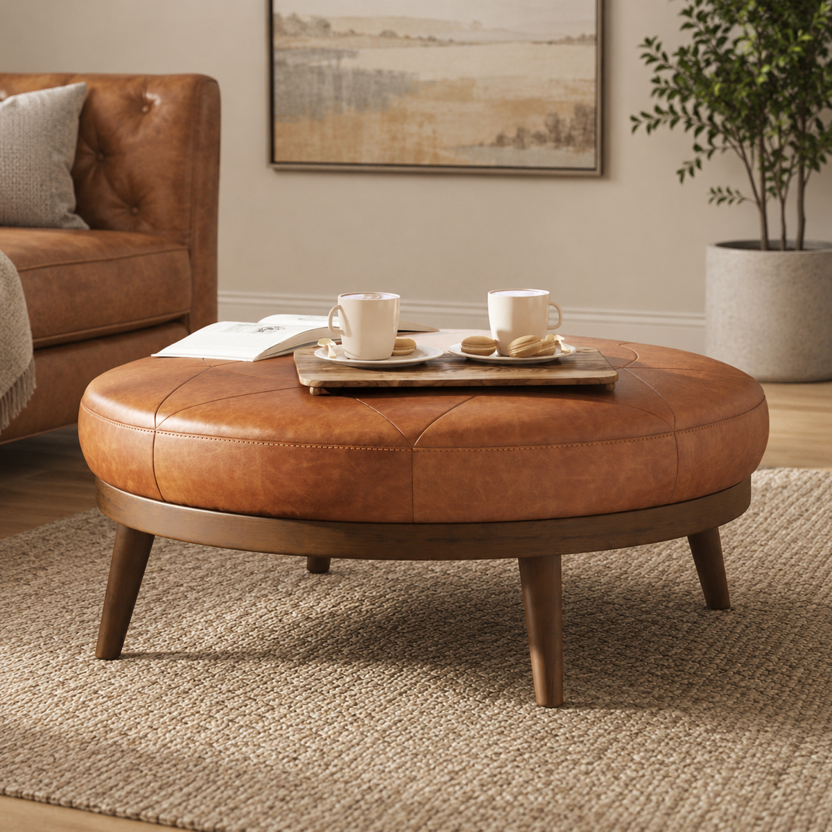 Round teak wood leather ottoman coffee table in modern living room