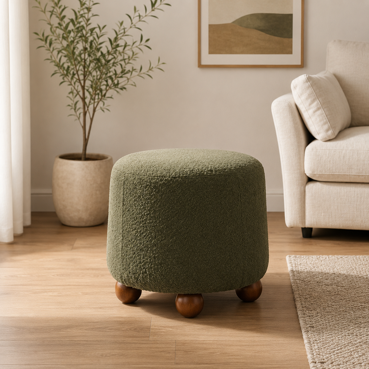 Round olive green upholstered ottoman stool with teak wood legs
