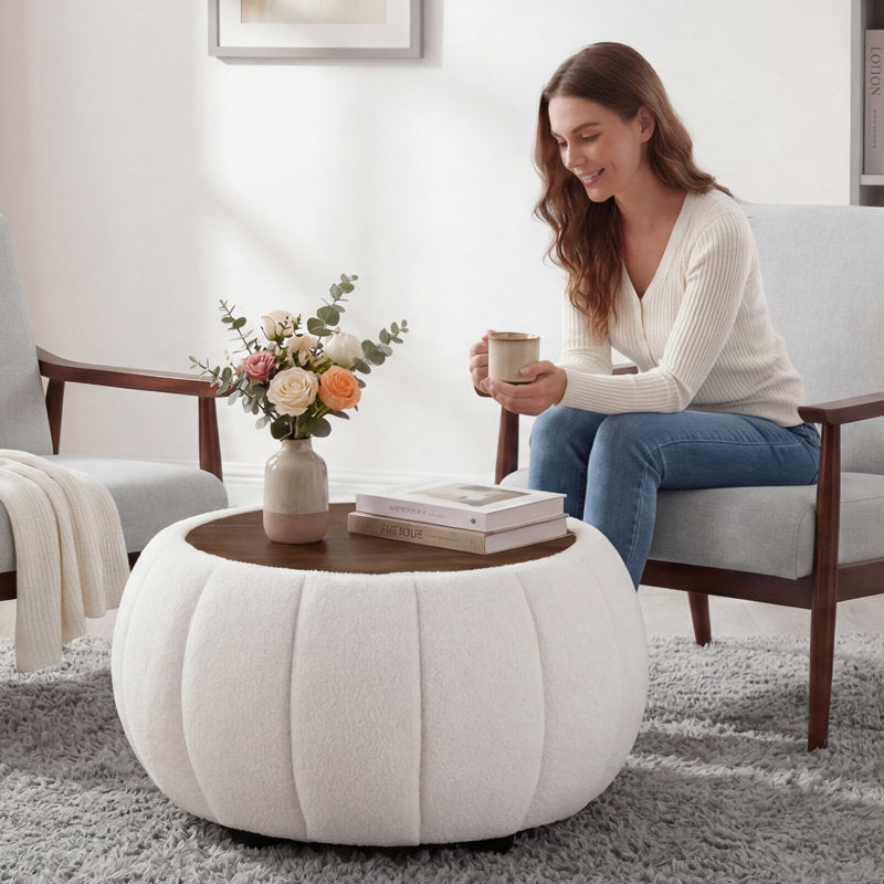 Luxury tufted ottoman center table with teak wood surface