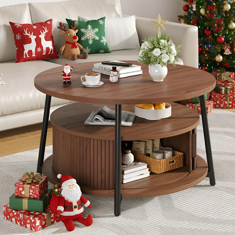 Round walnut coffee table with open shelf and black legs