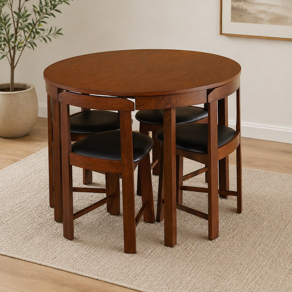 Round wooden dining table with 4 chairs tucked underneath