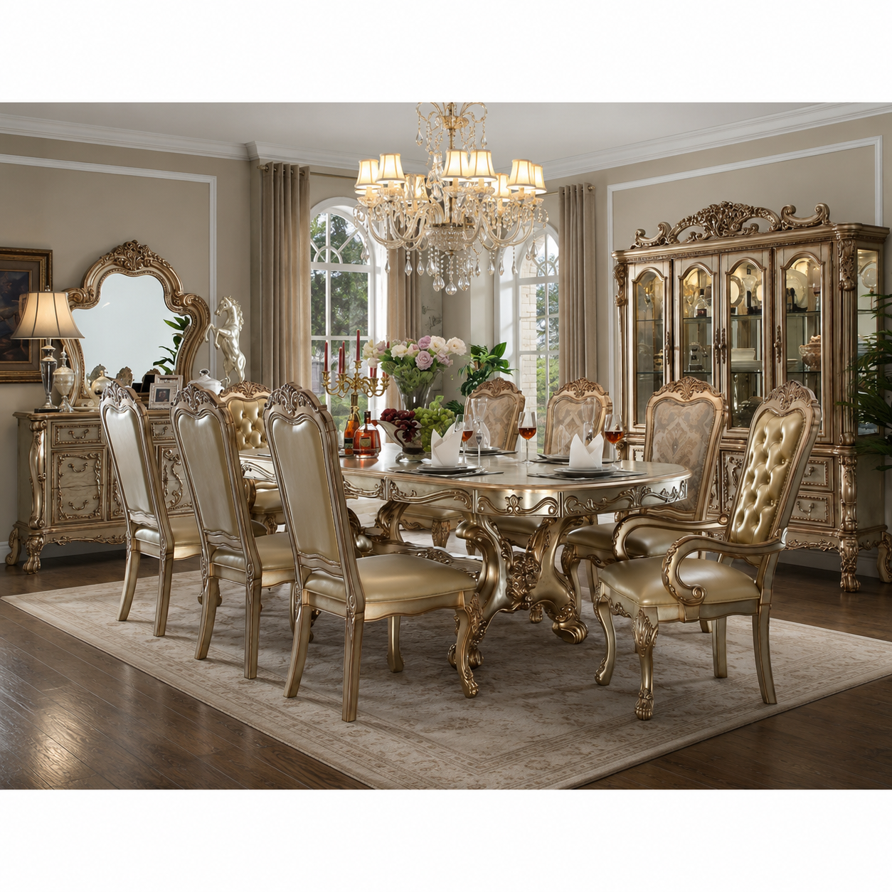 Luxury teak wood royal dining table set with carved chairs