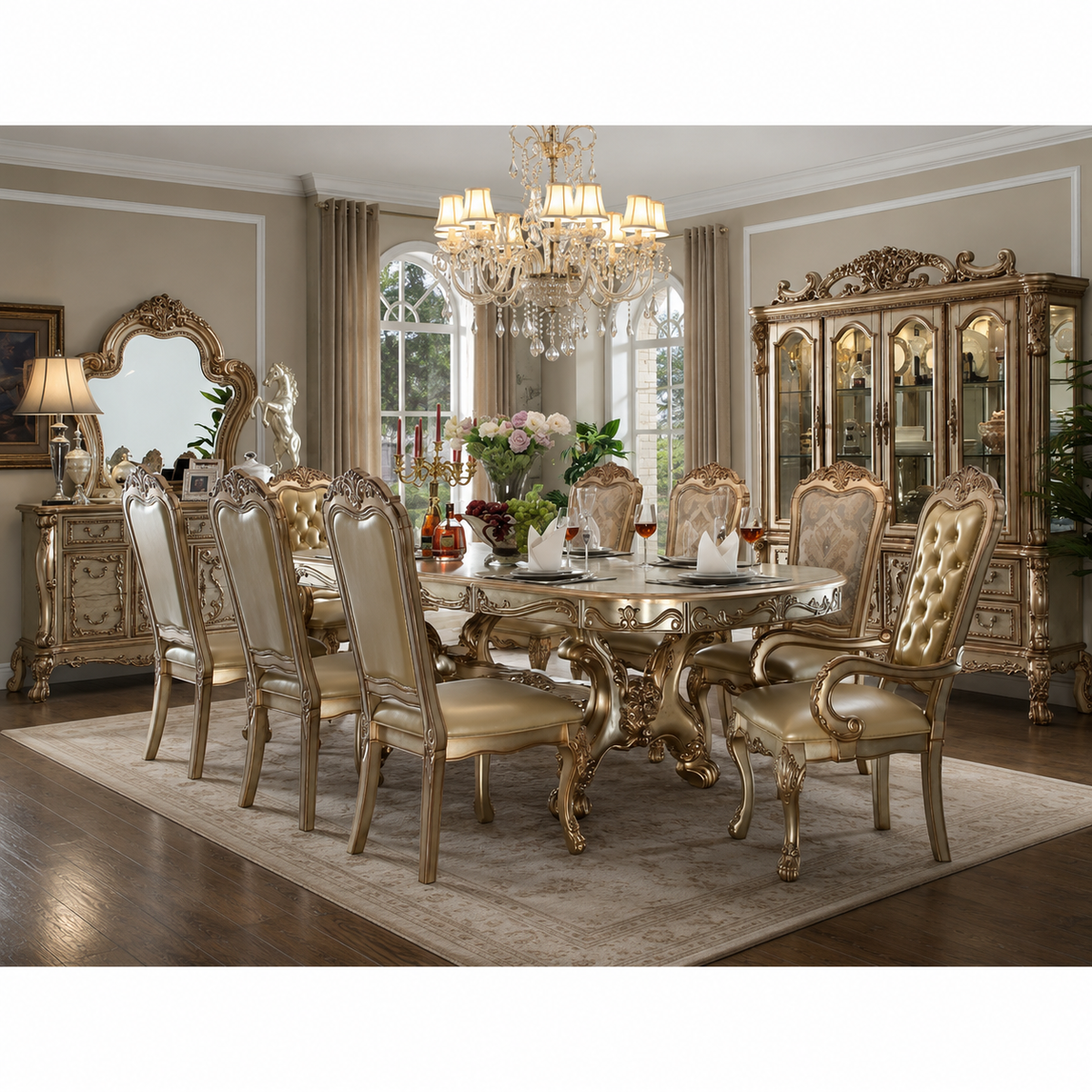 Luxury teak wood royal dining table set with carved chairs