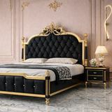 Black gold royal king bed front view with ornate crown carving
