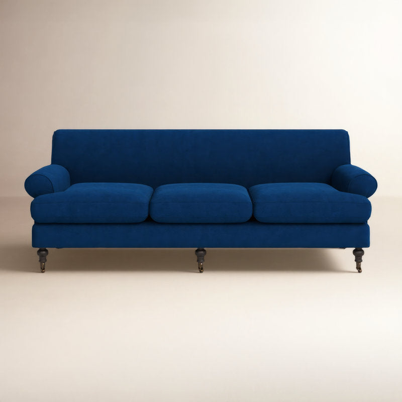 Luxury blue velvet sofa handcrafted from solid teak wood