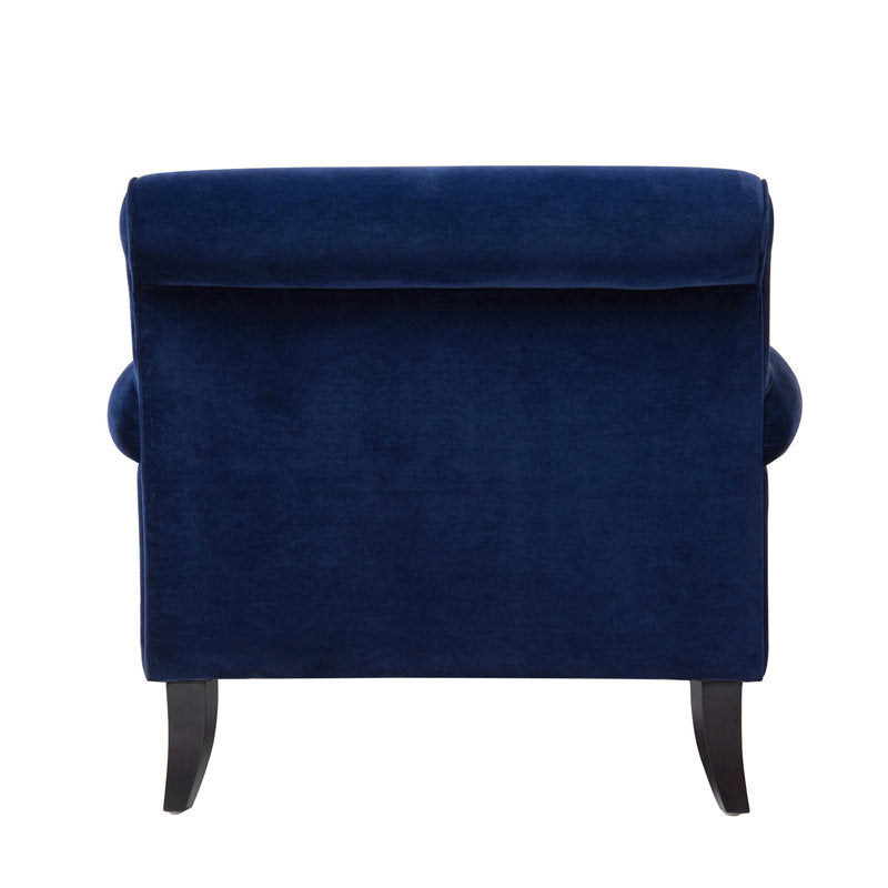 Blue upholstered teak wood chair for bedroom corner