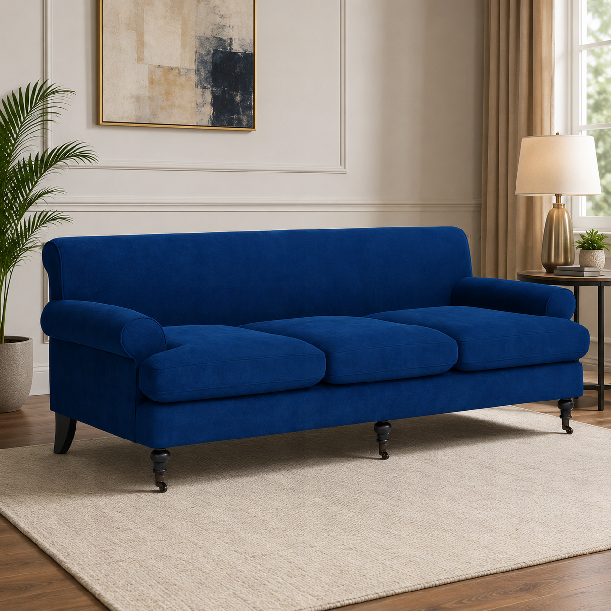 Royal blue velvet 3-seater sofa with teak wood frame