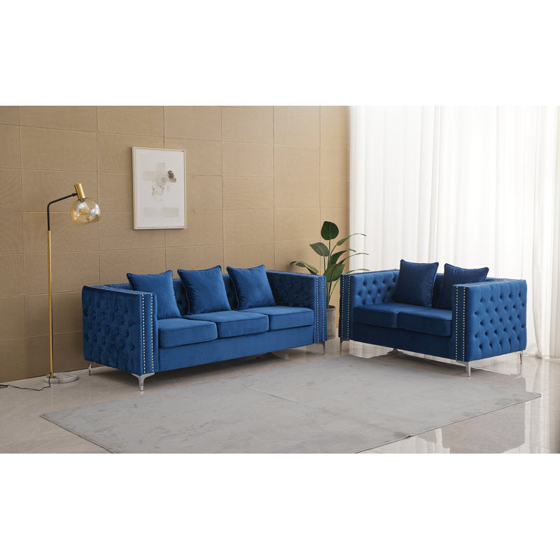 Luxury blue velvet sofa set crafted from solid teak wood furniture