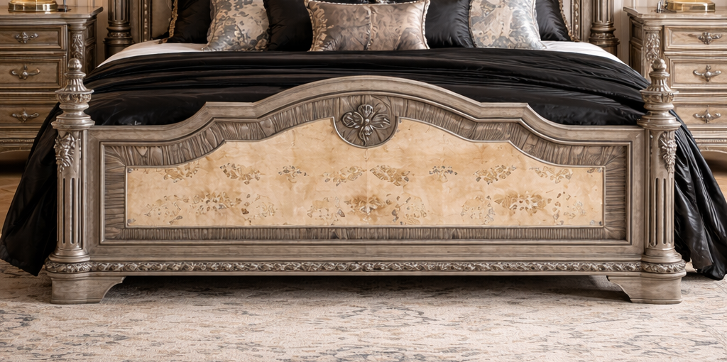 Royal carved wooden bed with matching bedside tables
