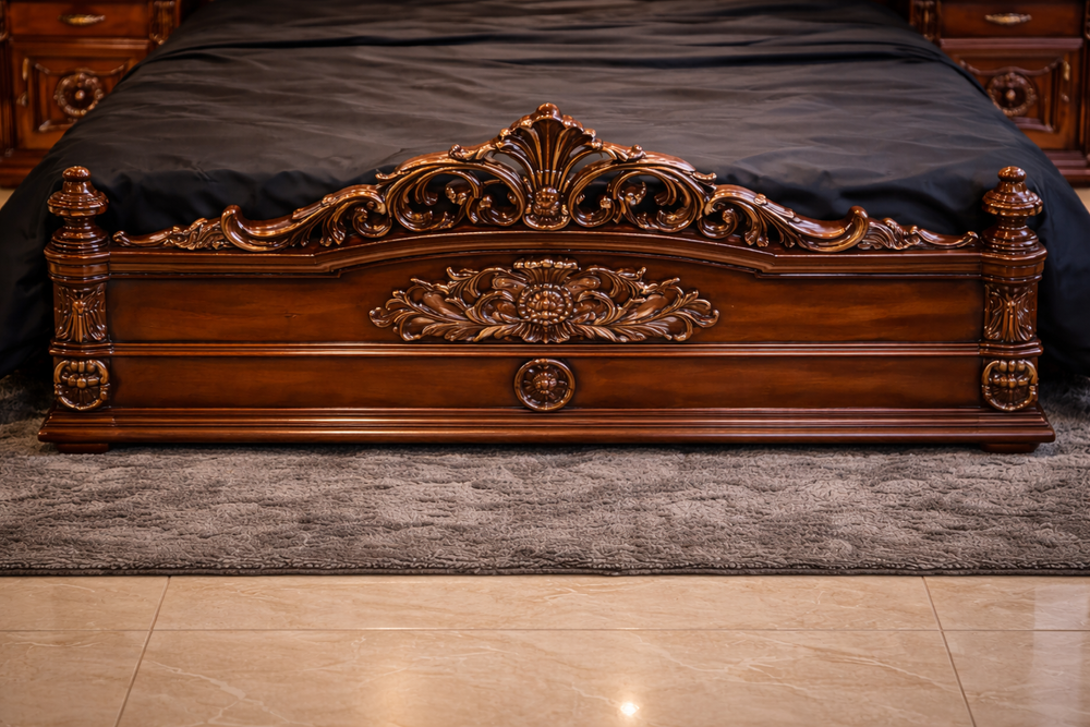 Royal carved wooden bed set in dark polish
