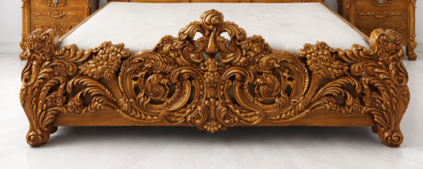 Royal carved wooden bedside table in teak finish
