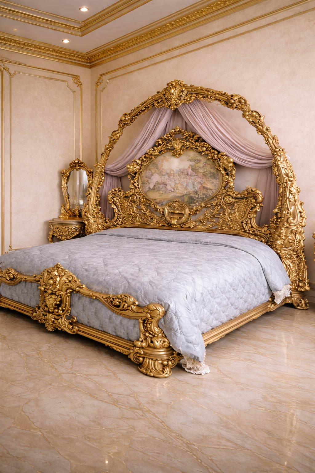 Royal designer gold bed with arched carved headboard
