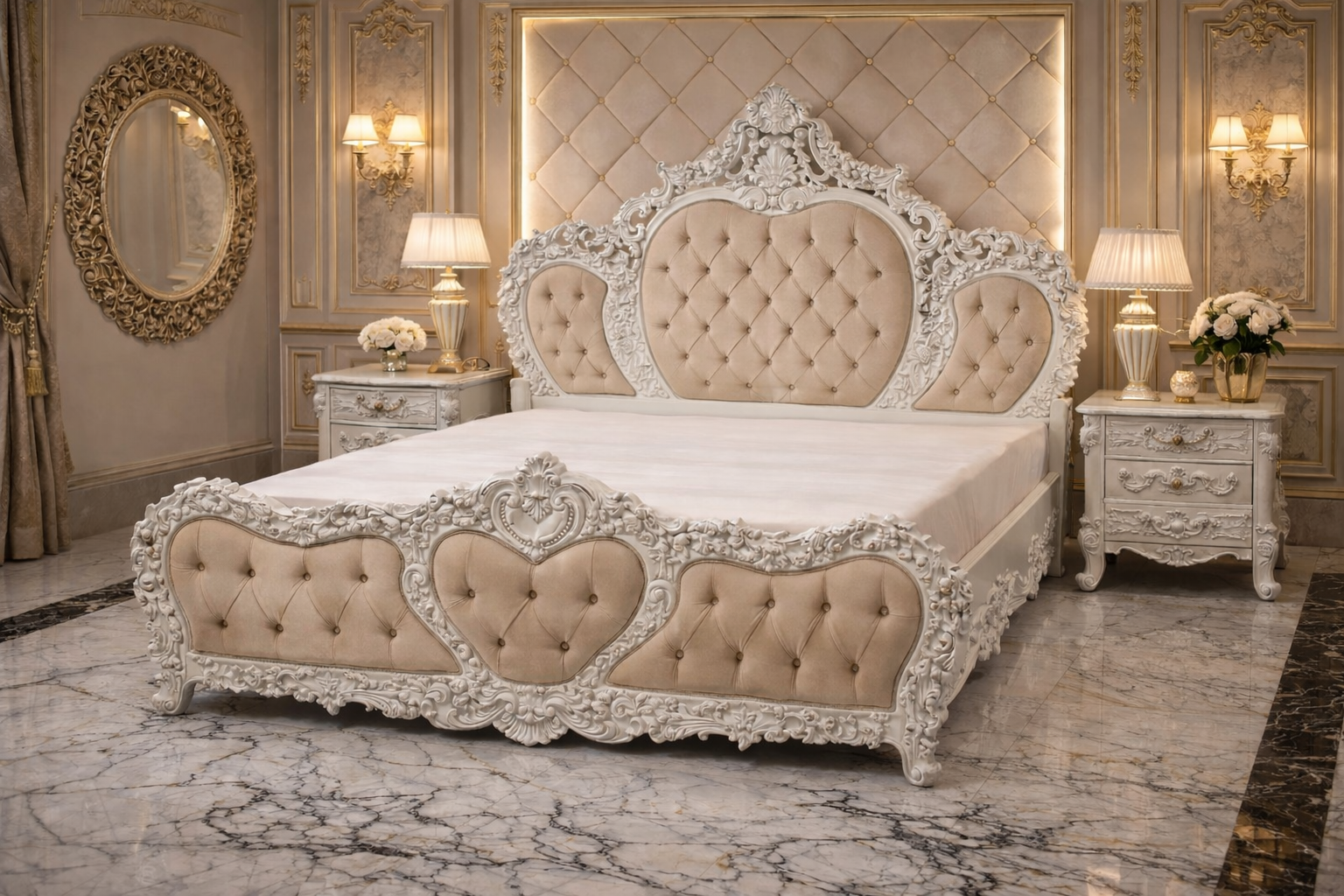 Royal heart tufted king size bed front view with ornate carving