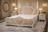 Royal heart tufted king size bed front view with ornate carving