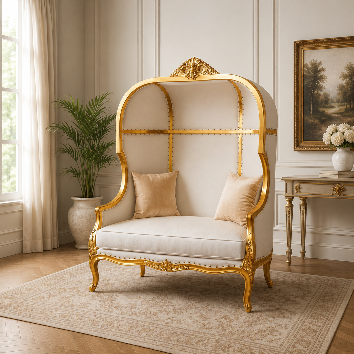 Royal high back teak wood sofa with gold carved frame and cream luxury upholstery