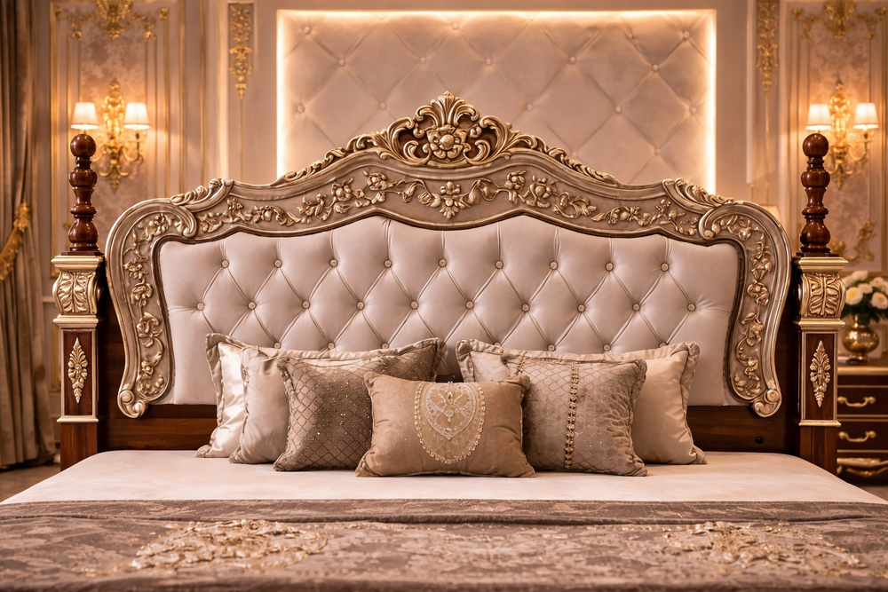 Luxury royal king bed footboard with detailed floral carving and chevron wood panel

