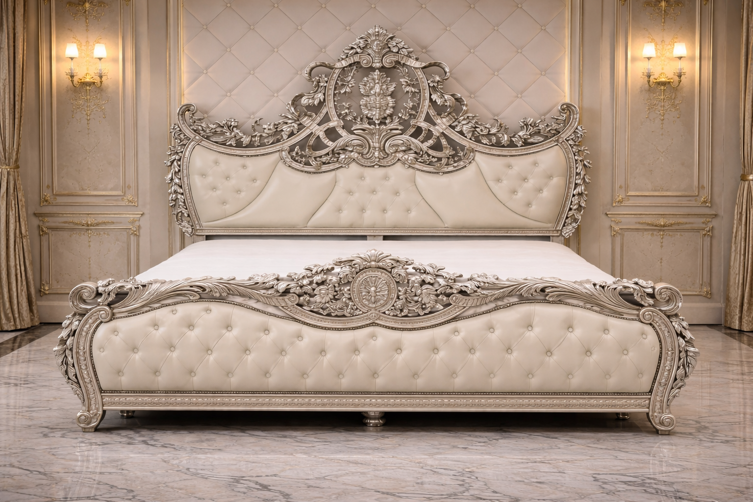 Luxury royal hand carved king size bed with antique silver finish and upholstered tufted headboard