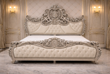 Luxury royal hand carved king size bed with antique silver finish and upholstered tufted headboard