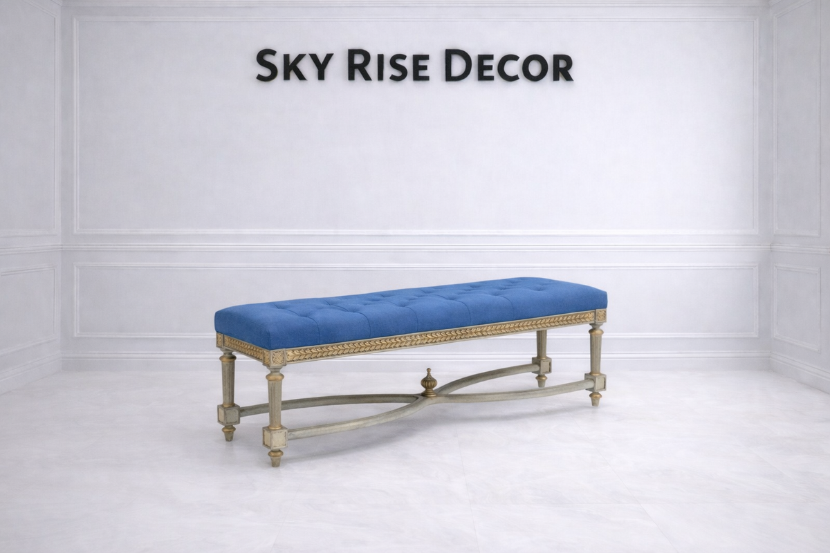 Luxury vintage blue upholstered bench for bedroom seating with elegant wooden frame
