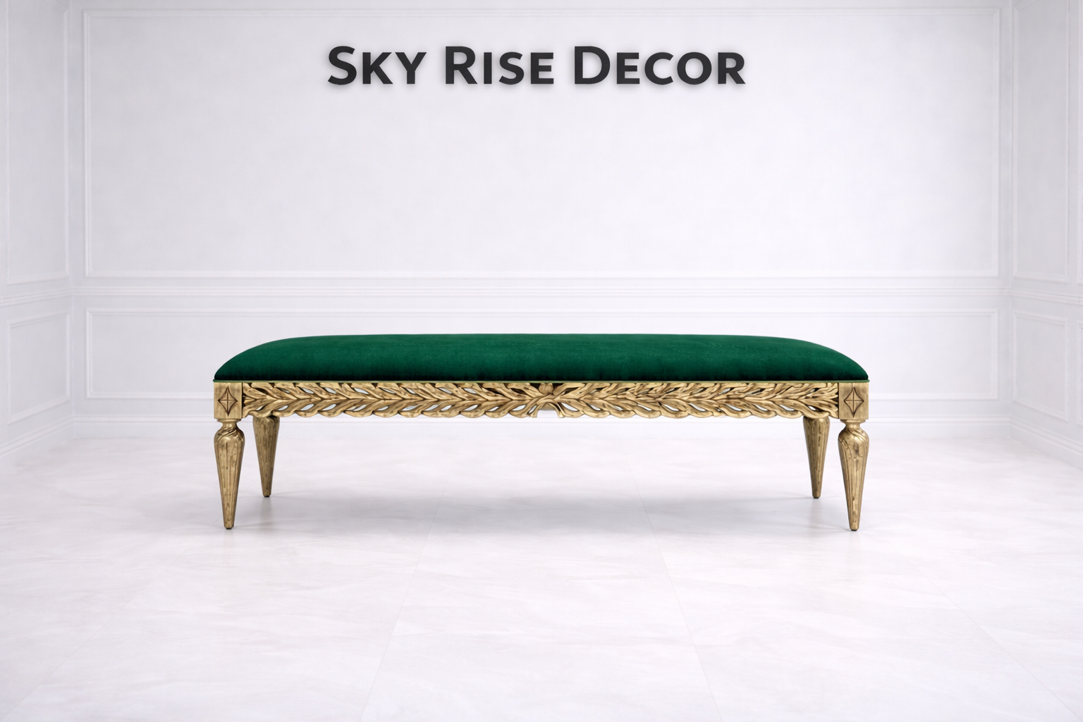 Vintage gold entryway bench with elegant green cushion upholstery
