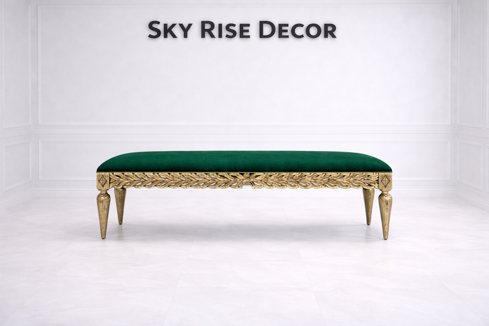 Vintage gold entryway bench with elegant green cushion upholstery
