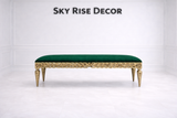Vintage gold entryway bench with elegant green cushion upholstery
