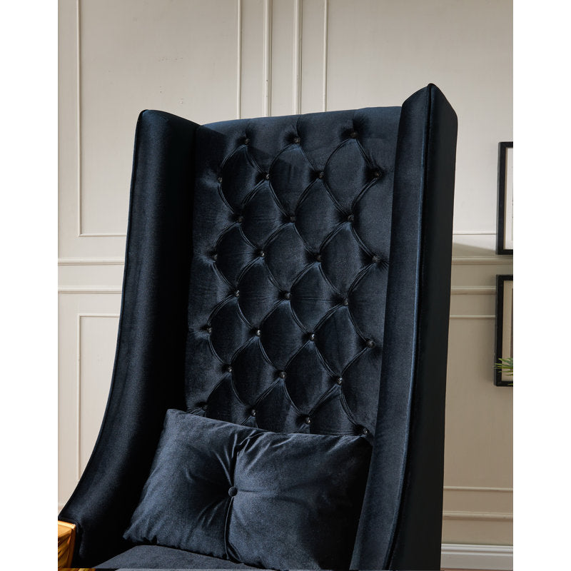 Elegant luxury reading chair with button tufted back and solid teak wood