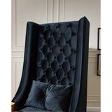 Elegant luxury reading chair with button tufted back and solid teak wood