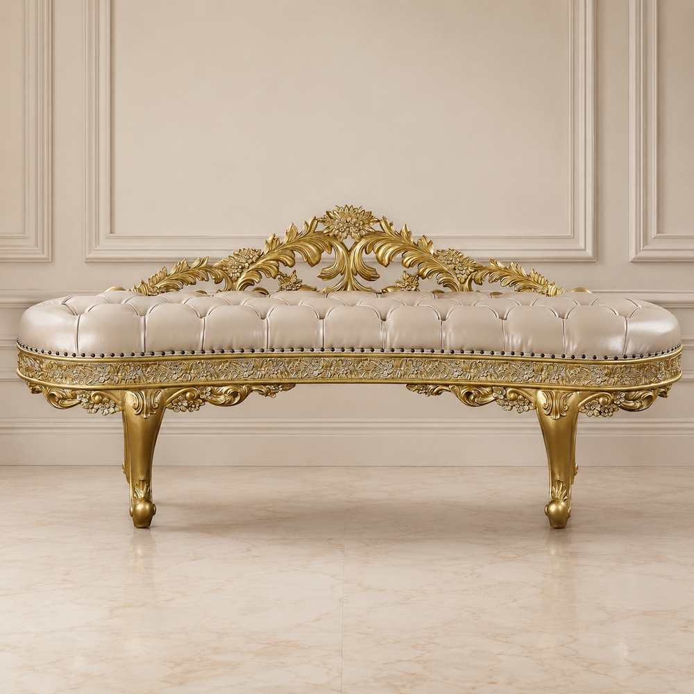 Royal luxury teak wood carved upholstered bench