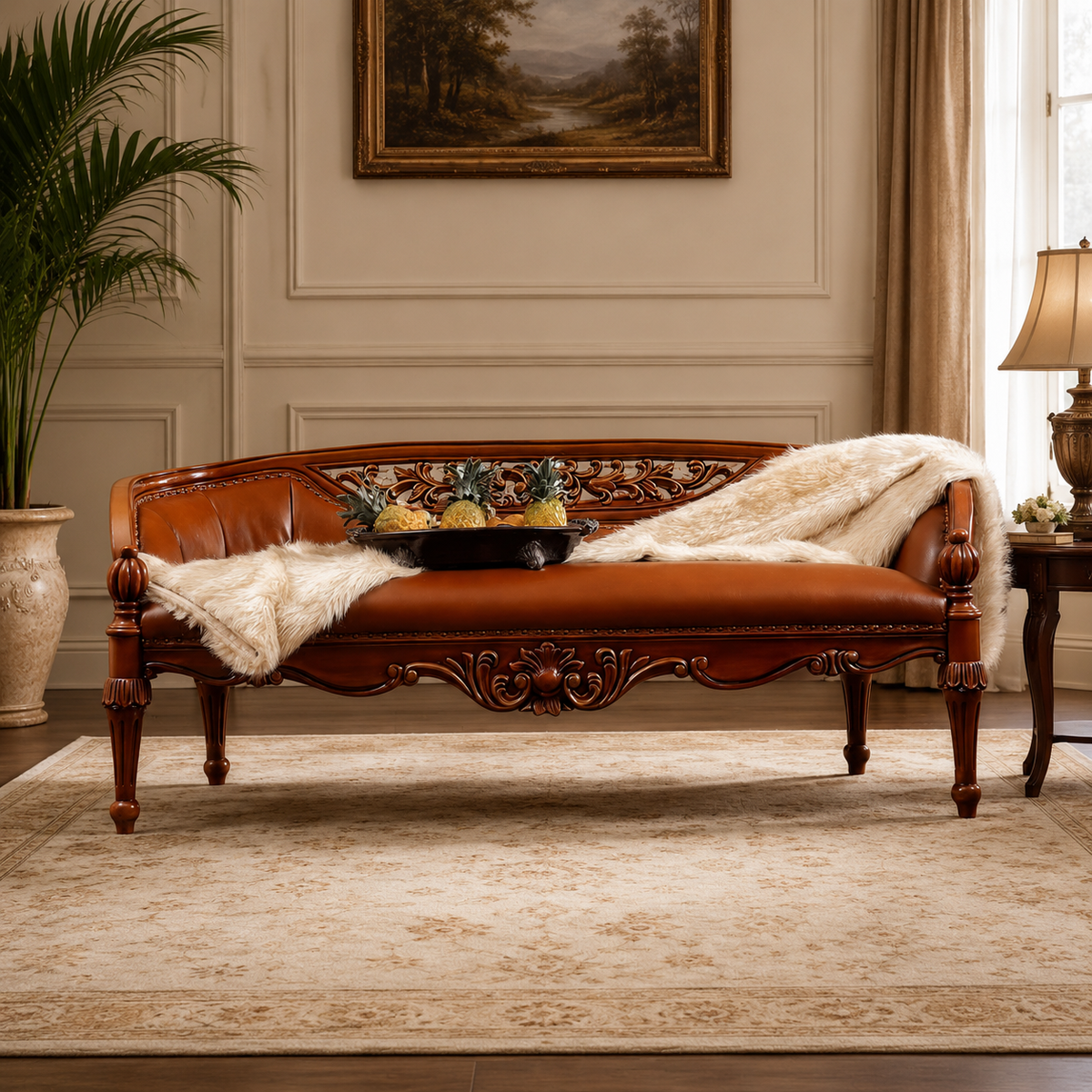 Royal teak wood hand carved chaise lounge sofa