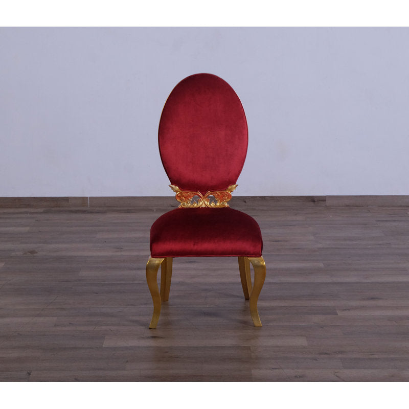 Elegant red velvet dining chair and teak wood table set