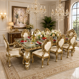 Royal teak wood luxury dining table set with golden finish
