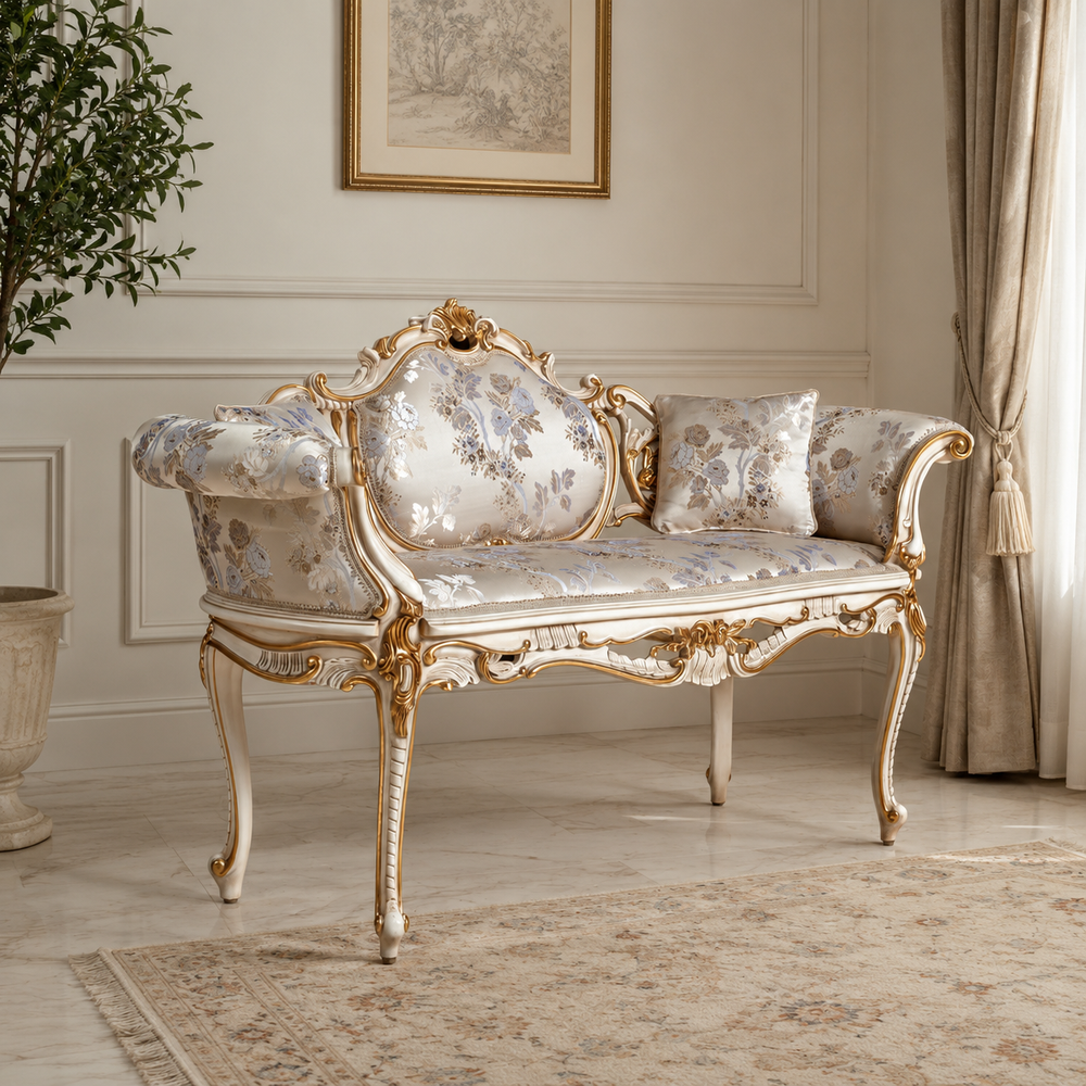 Royal hand-carved teak wood luxury sofa with gold finish and floral upholstery