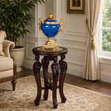 Hand-carved teak wood pedestal side table with royal design