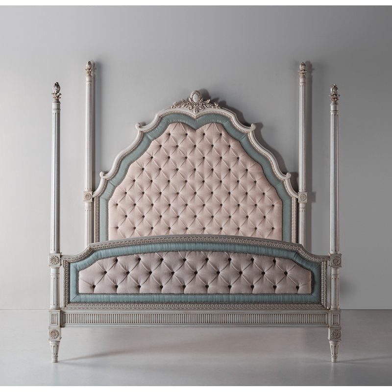 Royal style teak wood canopy bed with upholstered footboard
