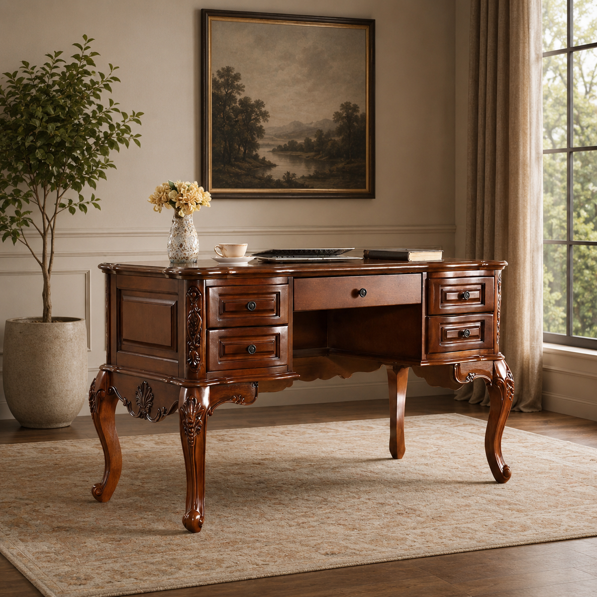 Solid teak wood carved writing desk with drawers