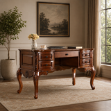 Solid teak wood carved writing desk with drawers