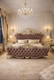 Luxury tufted upholstered king size bed with carved frame
