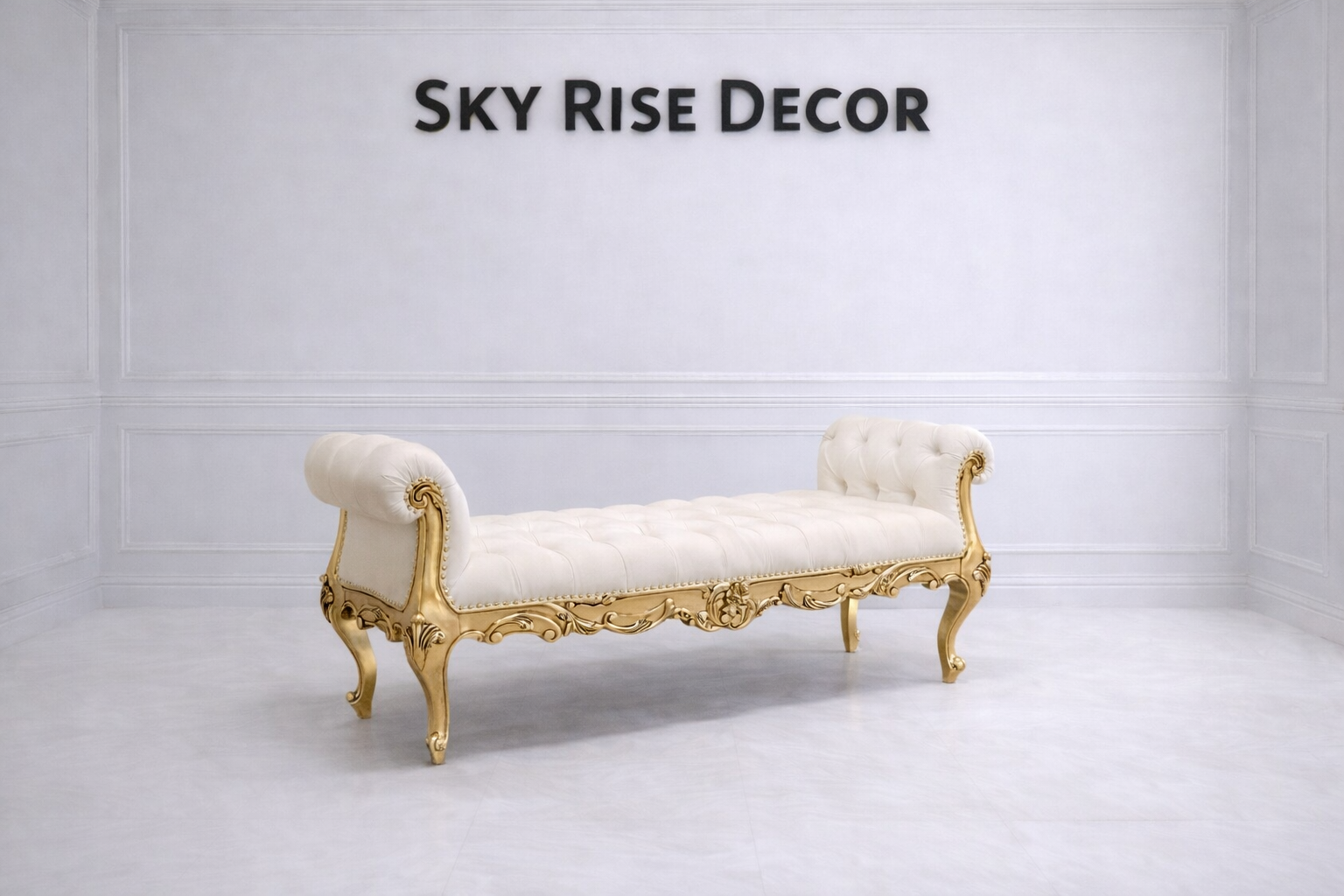Royal vintage gold upholstered bench with carved wooden frame for bedroom seating
