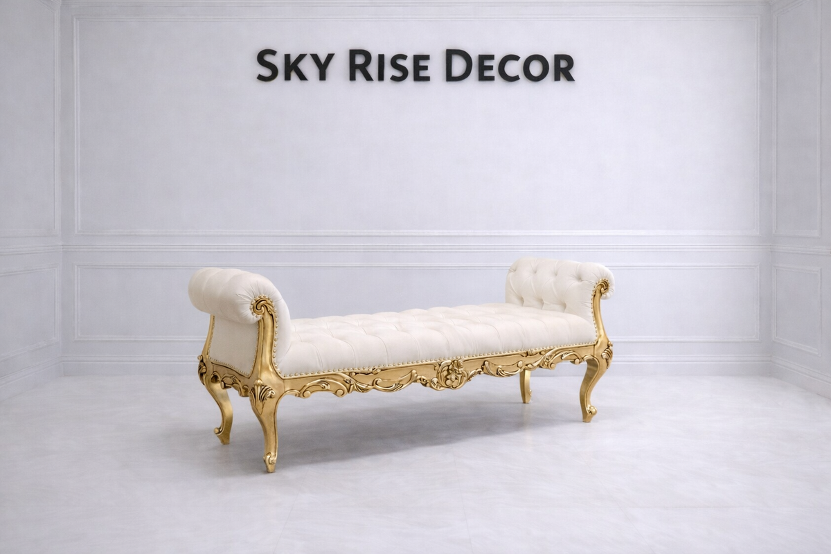 Royal vintage gold upholstered bench with carved wooden frame for bedroom seating
