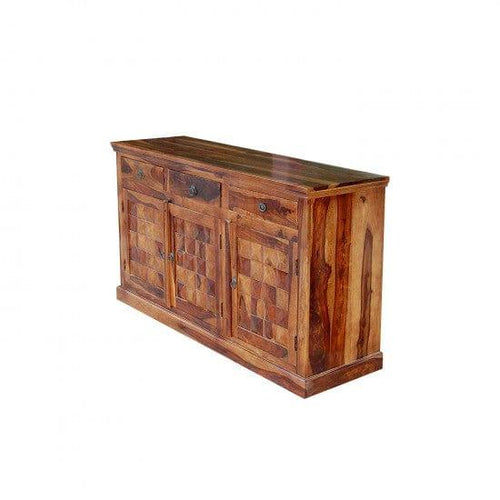 Solid wood credenza cabinet with geometric panel doors