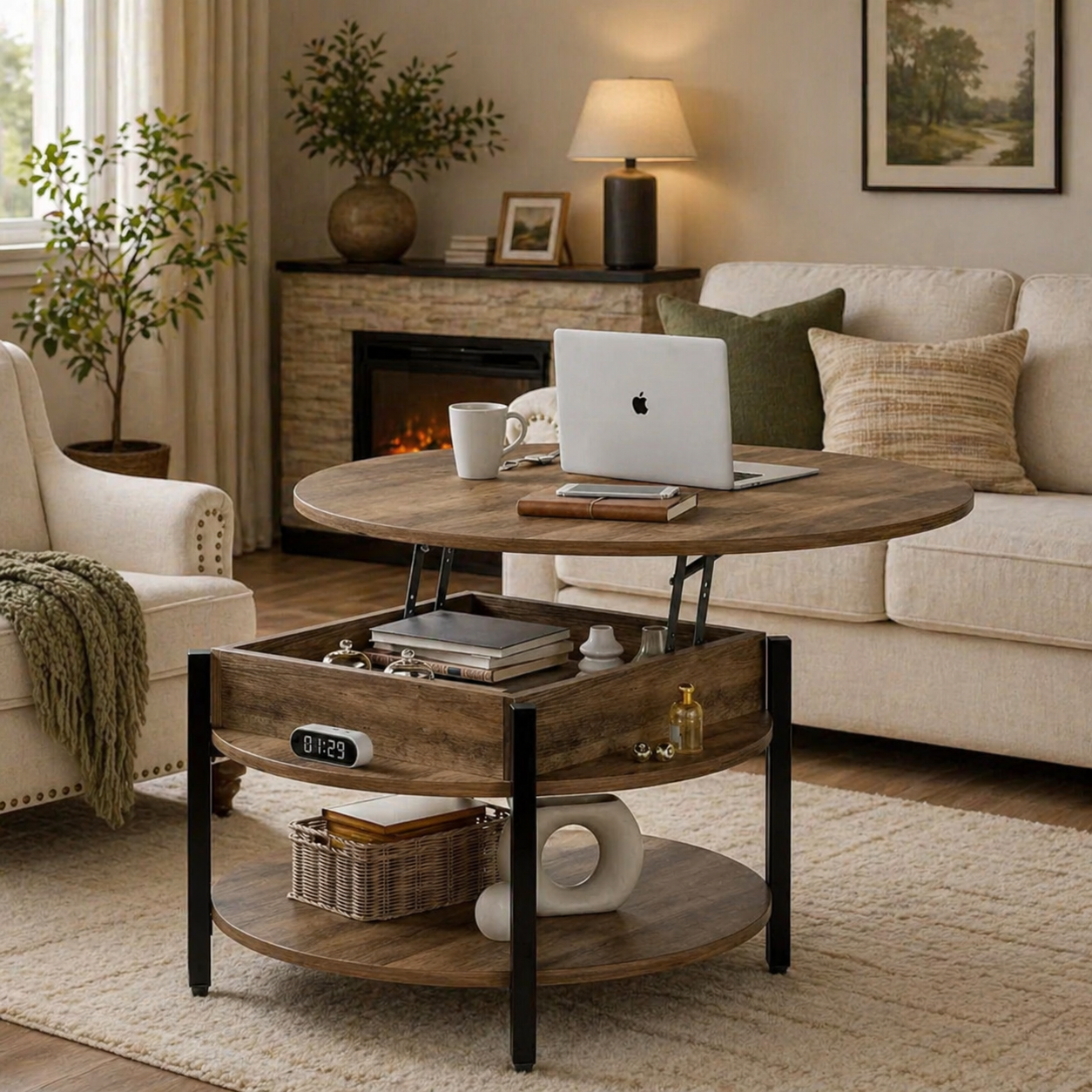 Lift-top round coffee table for living room with storage